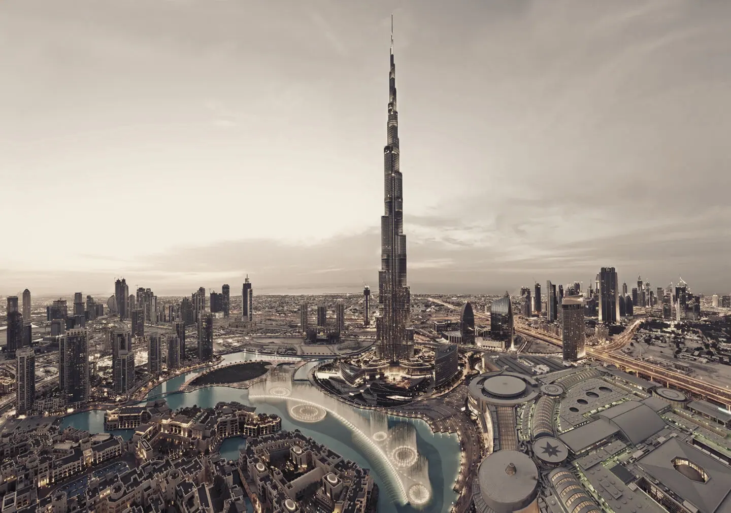 A desert-city skyline at dusk