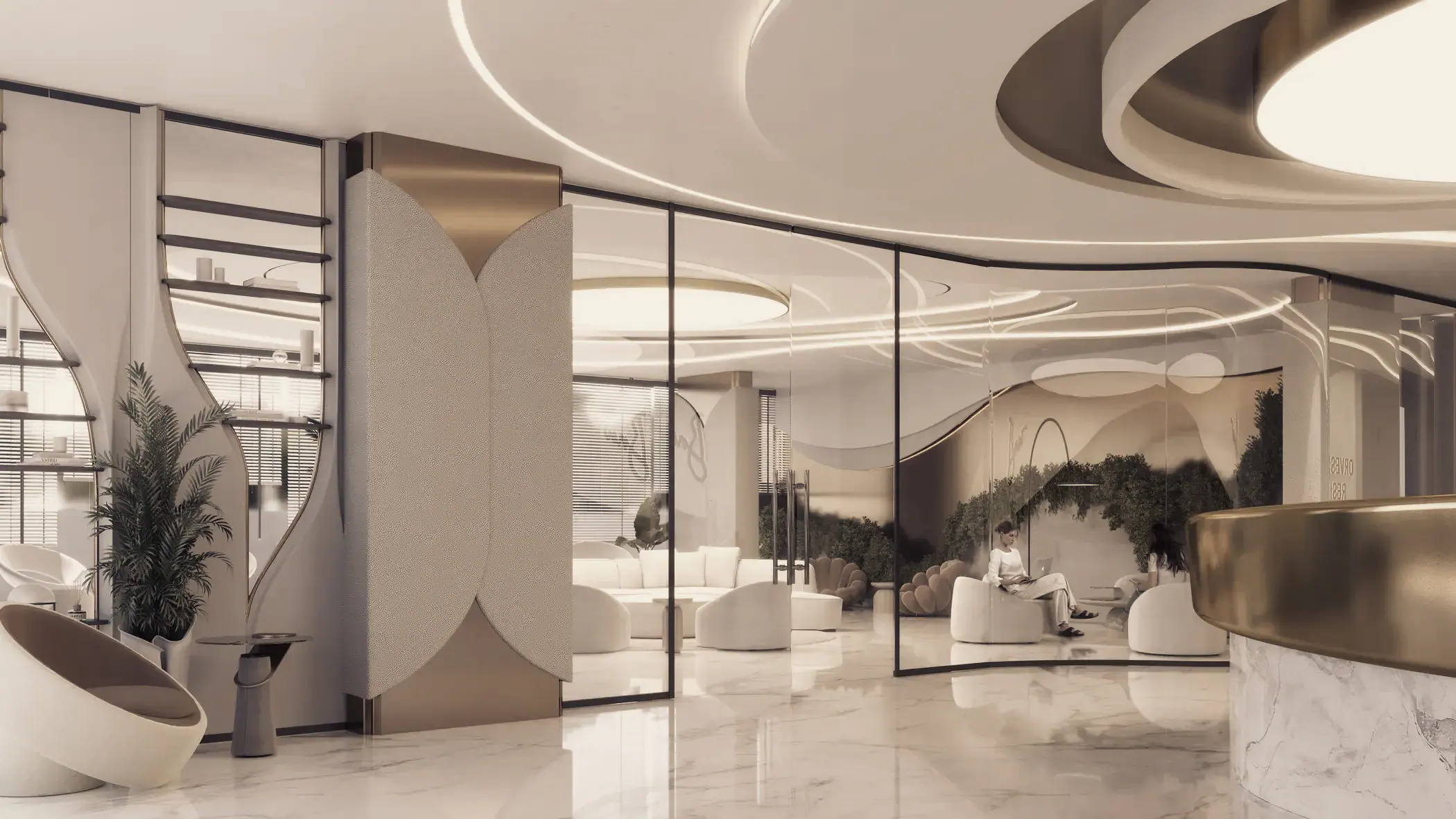 A lobby in stone and bronze