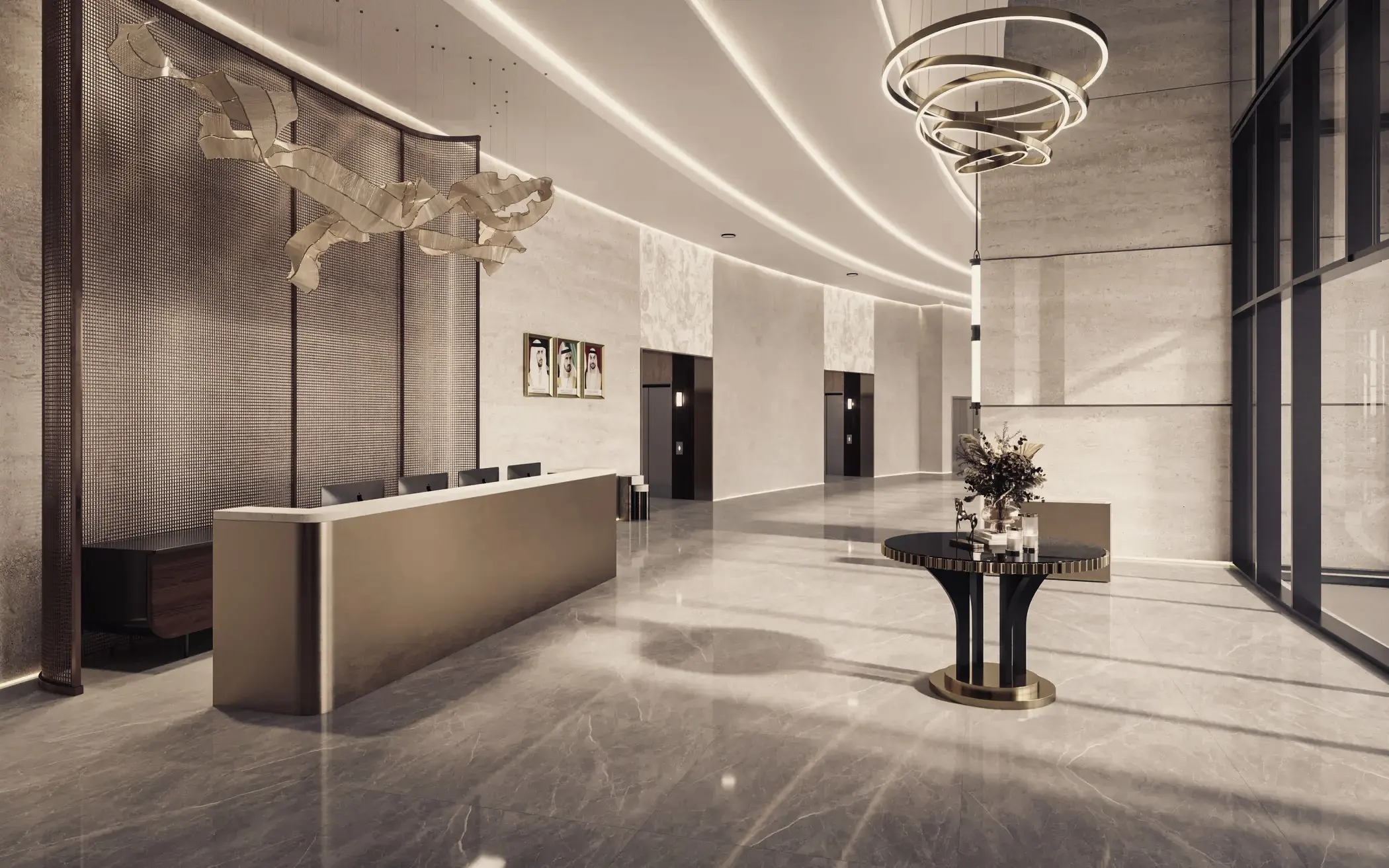 A reception desk in stone and bronze