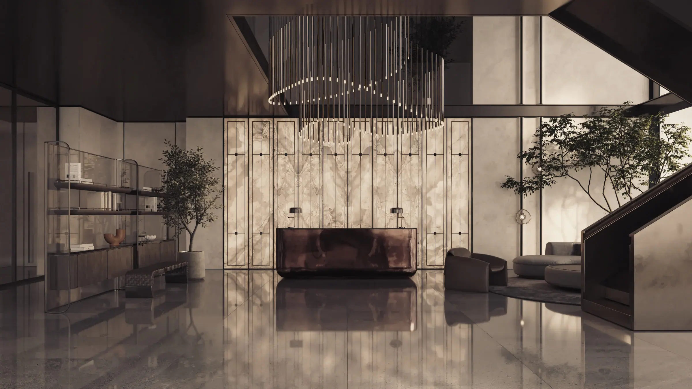A reception desk under a high ceiling