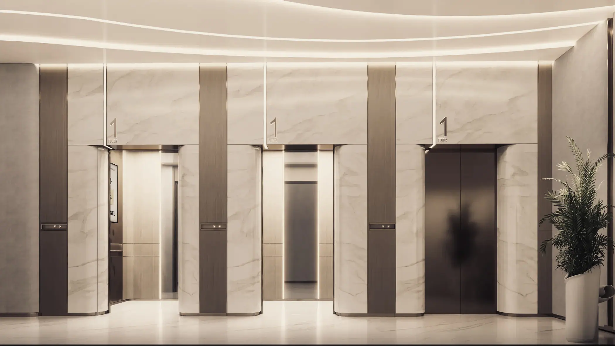 A lift lobby in stone and bronze