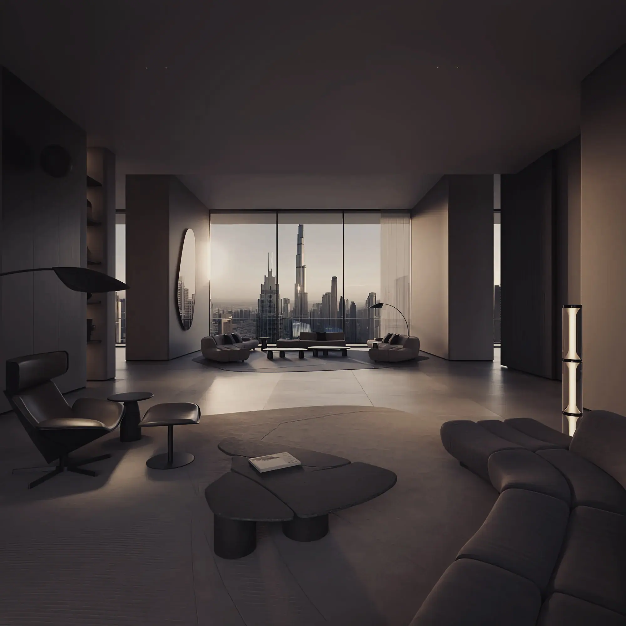 A private lounge overlooking a city skyline at dusk