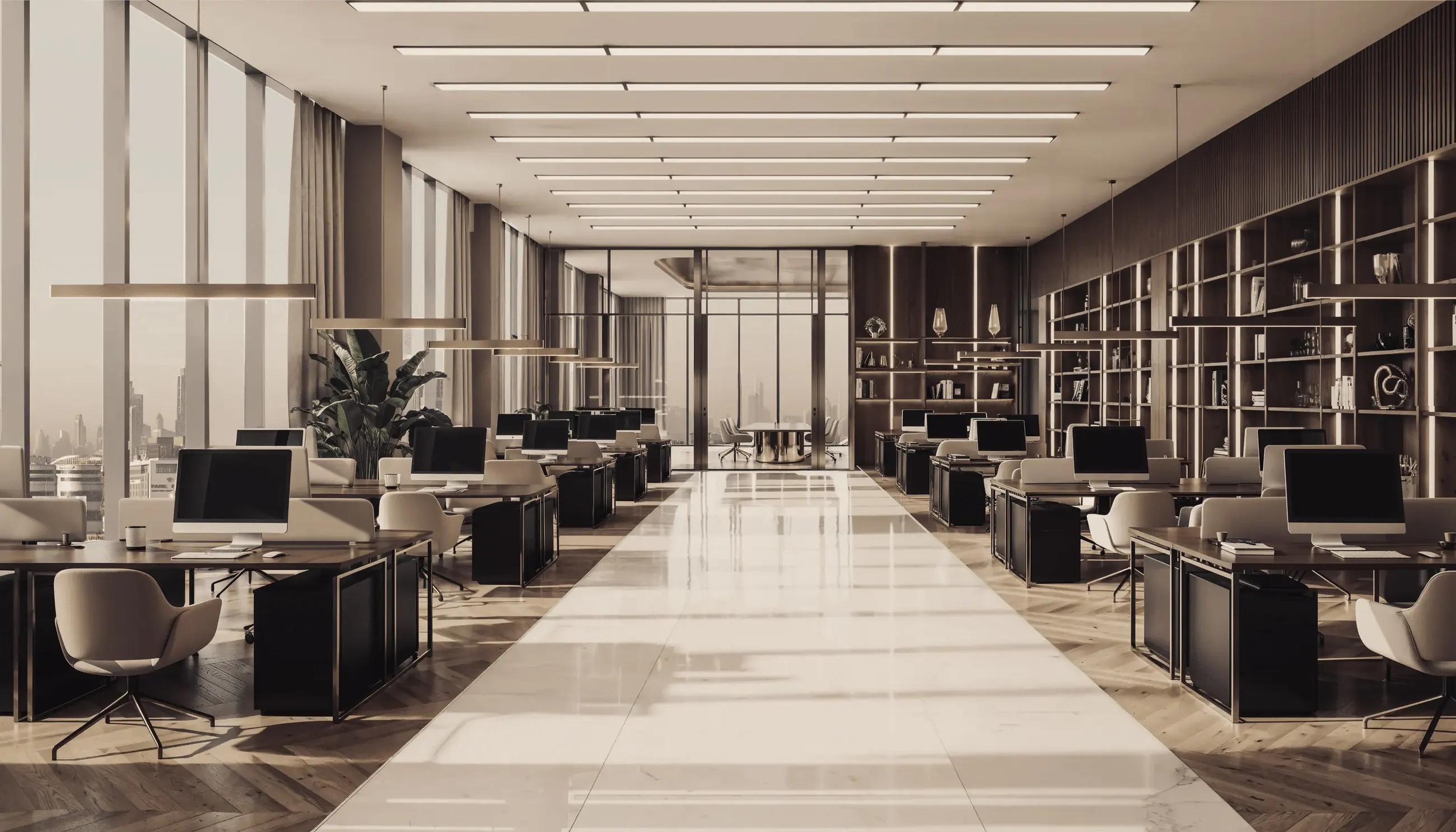 An open-plan workspace along a glazed facade