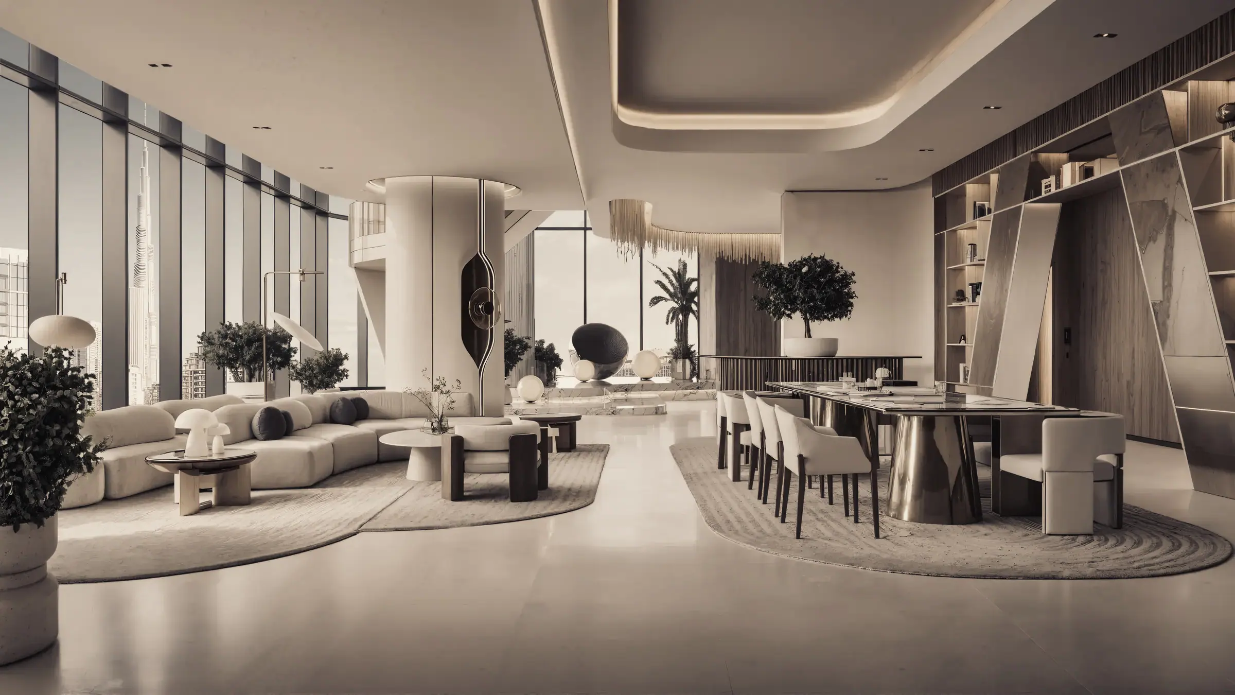 A salon with tall windows