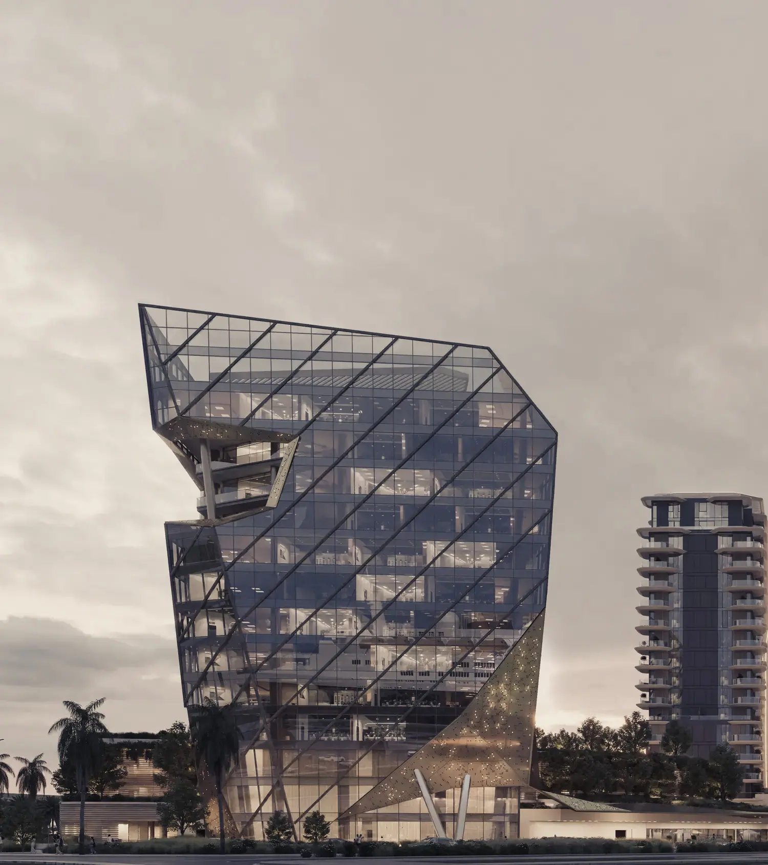 A tower elevation seen from below