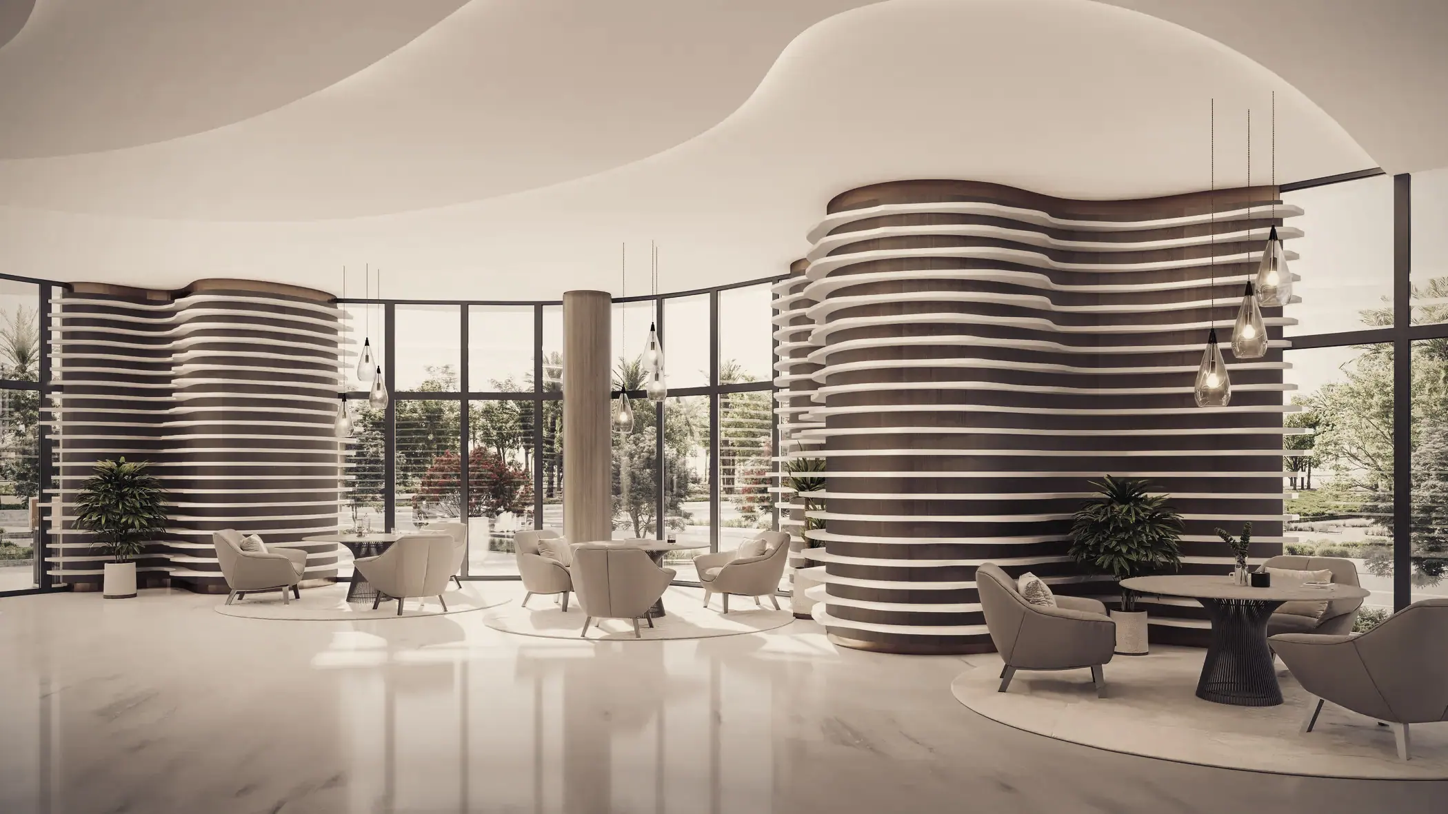 A curved timber feature wall