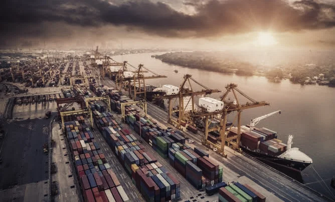 A container terminal at dusk