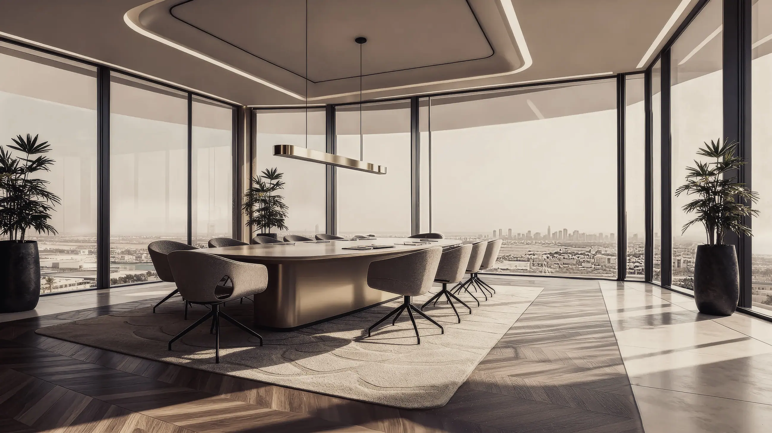 A boardroom table beside a floor-to-ceiling window