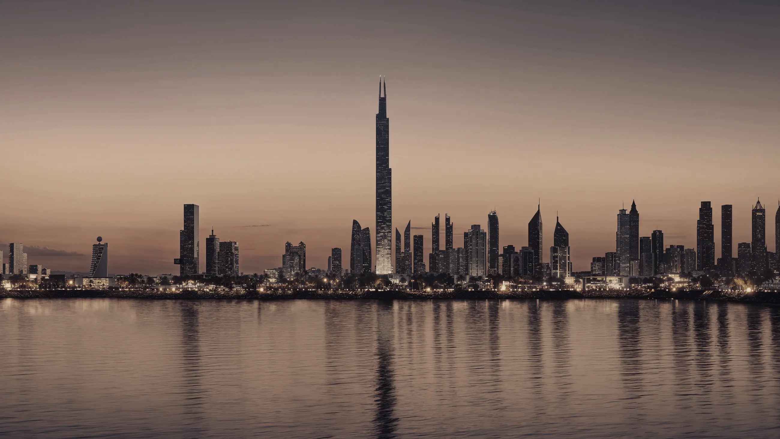 A city skyline across water at dusk
