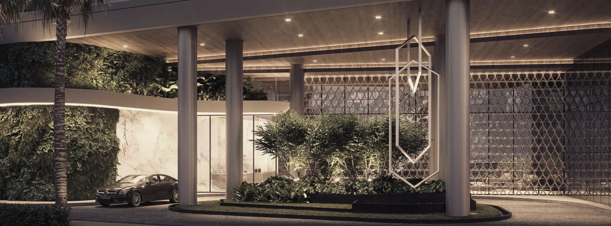 A dark timber-lined lobby